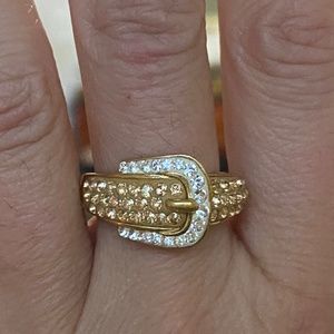 Sterling Silver with gold plating, stamped 925 & crystals buckle ring